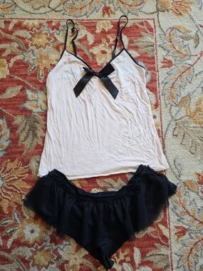 Women's VS Pink and Black Lace Trim Camisole & Black Tulle Shorts Set